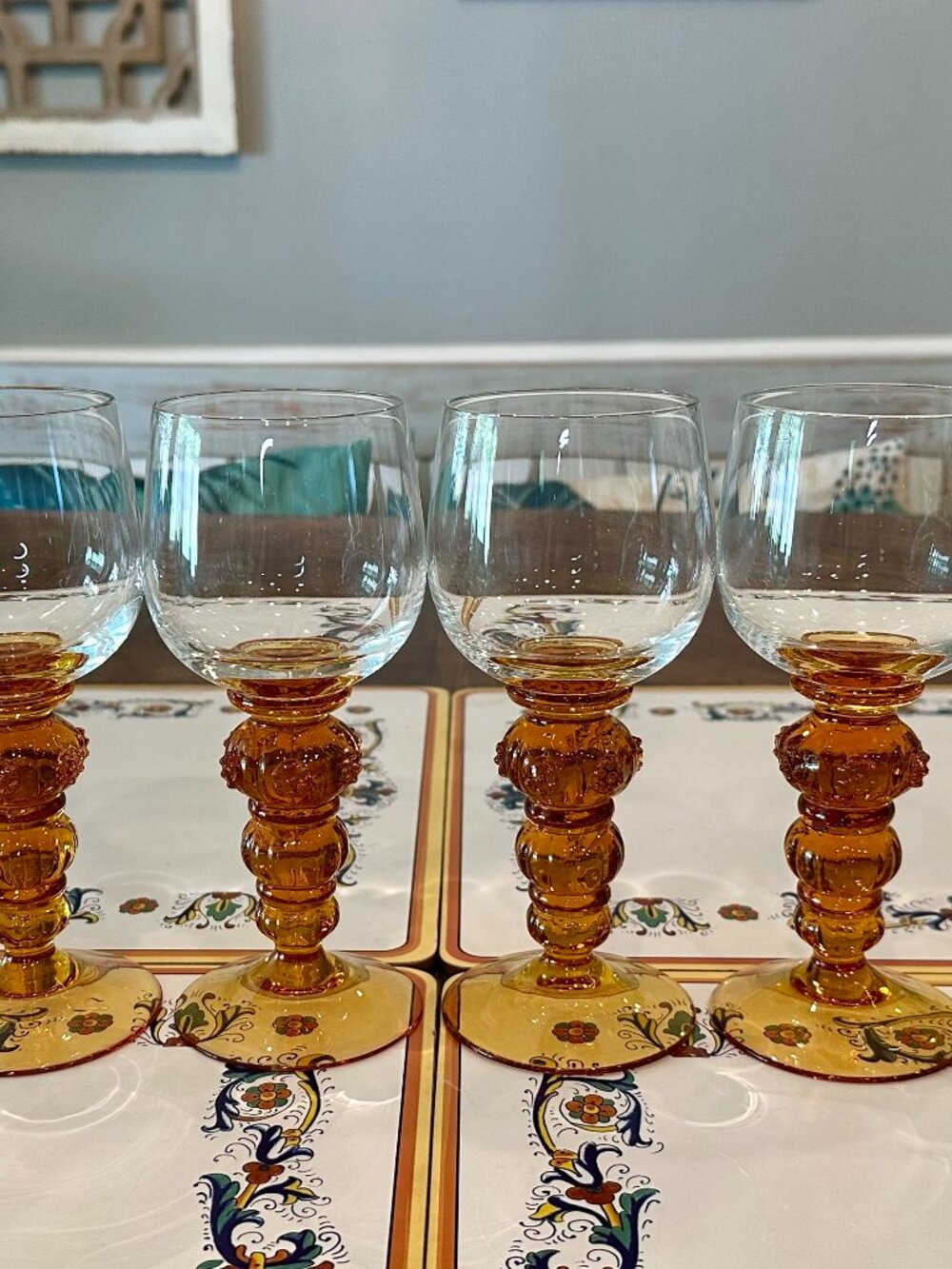 vintage German Römer-style wine glasses - clear crystal bowls and amber stems